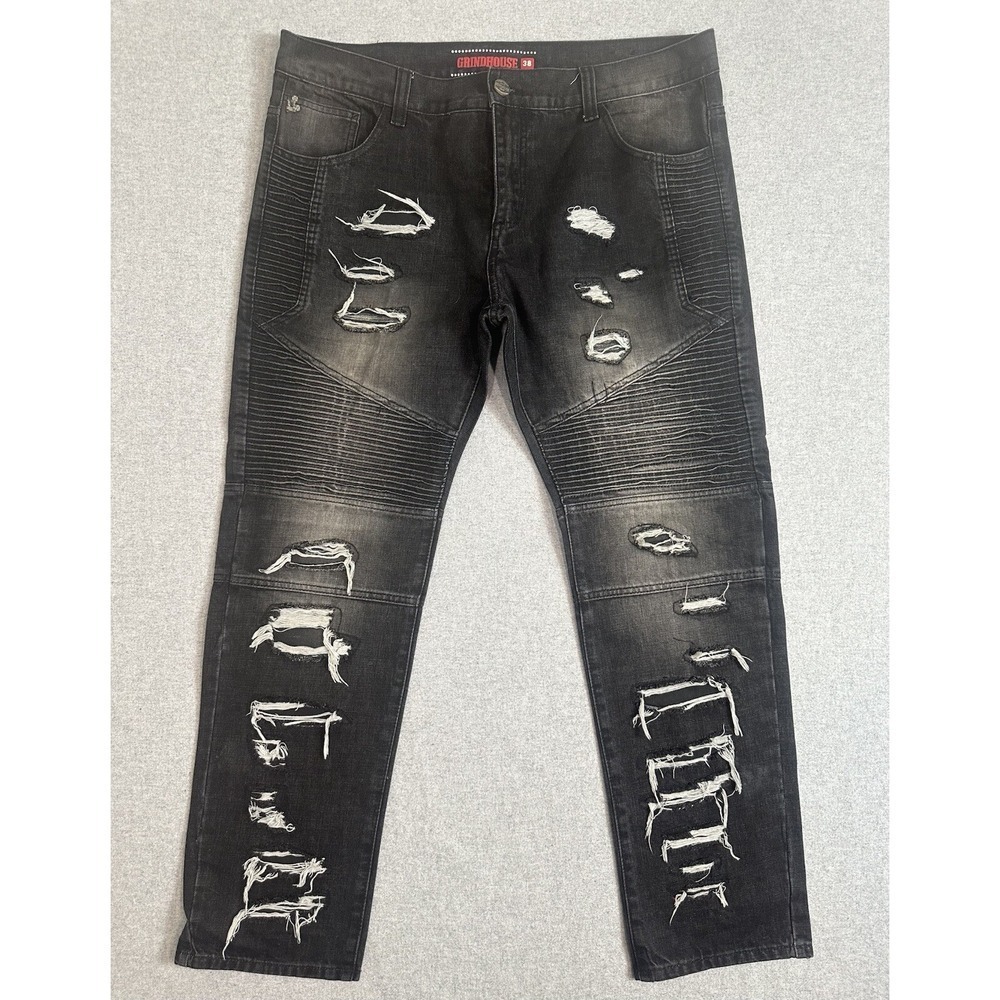 Grindhouse Moto Jeans Mens 38x32 Black Distressed Biker Grunge Y2K Stretch